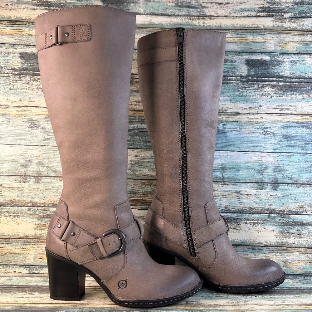 Born Natasha Knee High Tall Boot Size 7 Taupe Leather Harness Riding Moto Zip